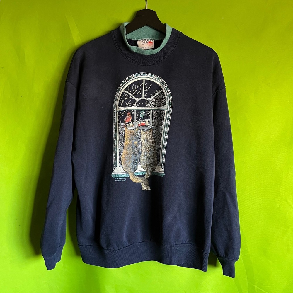 Vintage Morning Sun Cats Window Graphic Sweatshirt Navy Blue XL Made in USA 90s